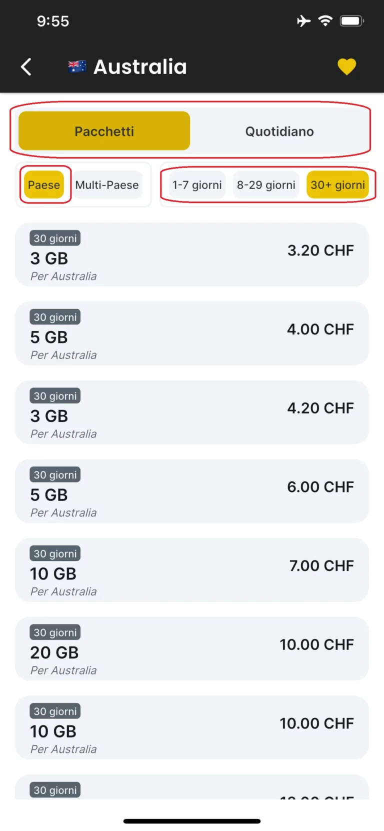 Filtra per eSIM