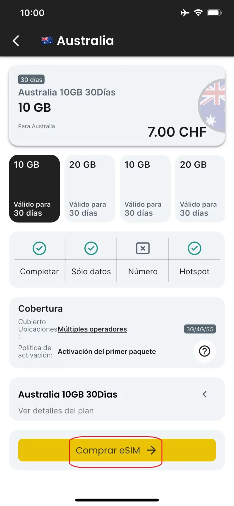 Verifique la eSIM seleccionada y continúe con el pago