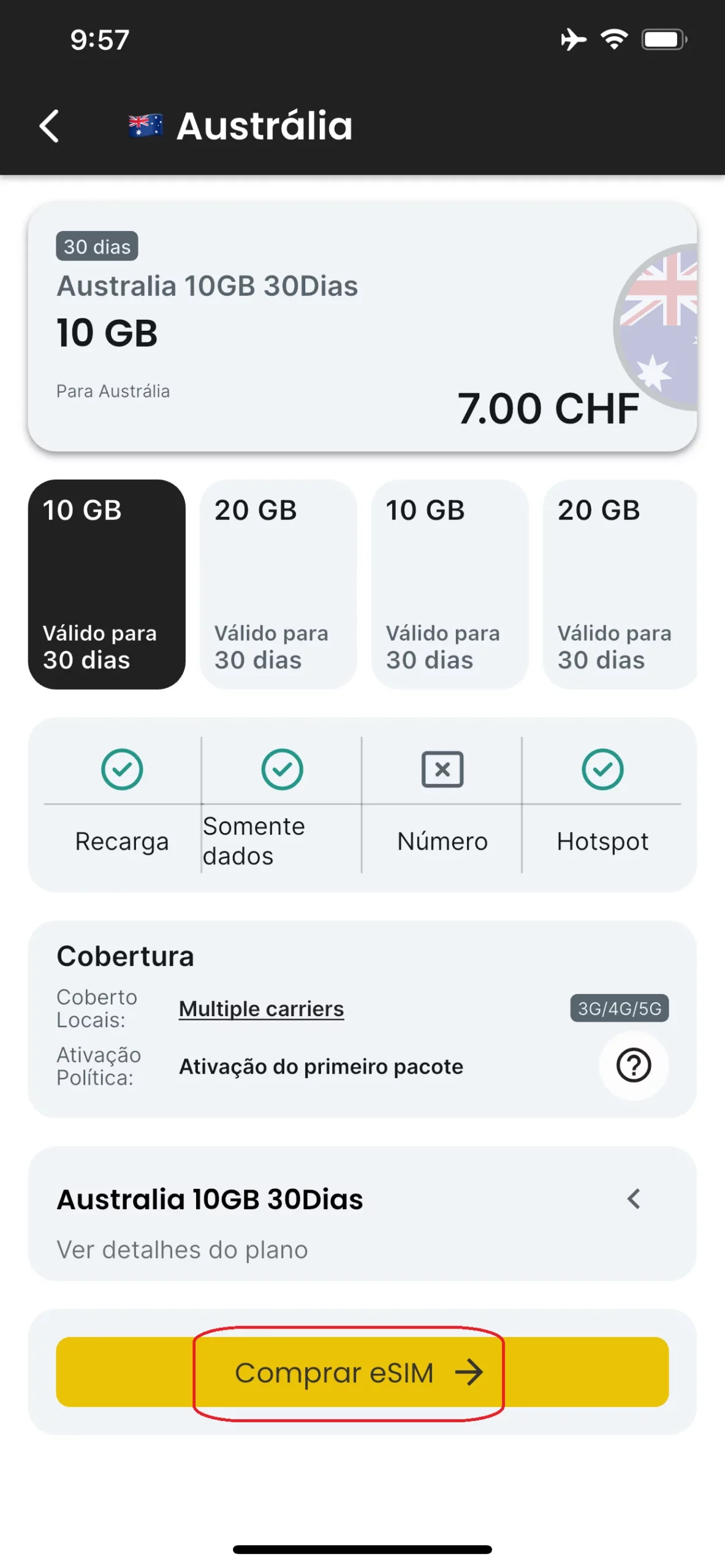 Verifique a eSIM selecionada e prossiga para o pagamento