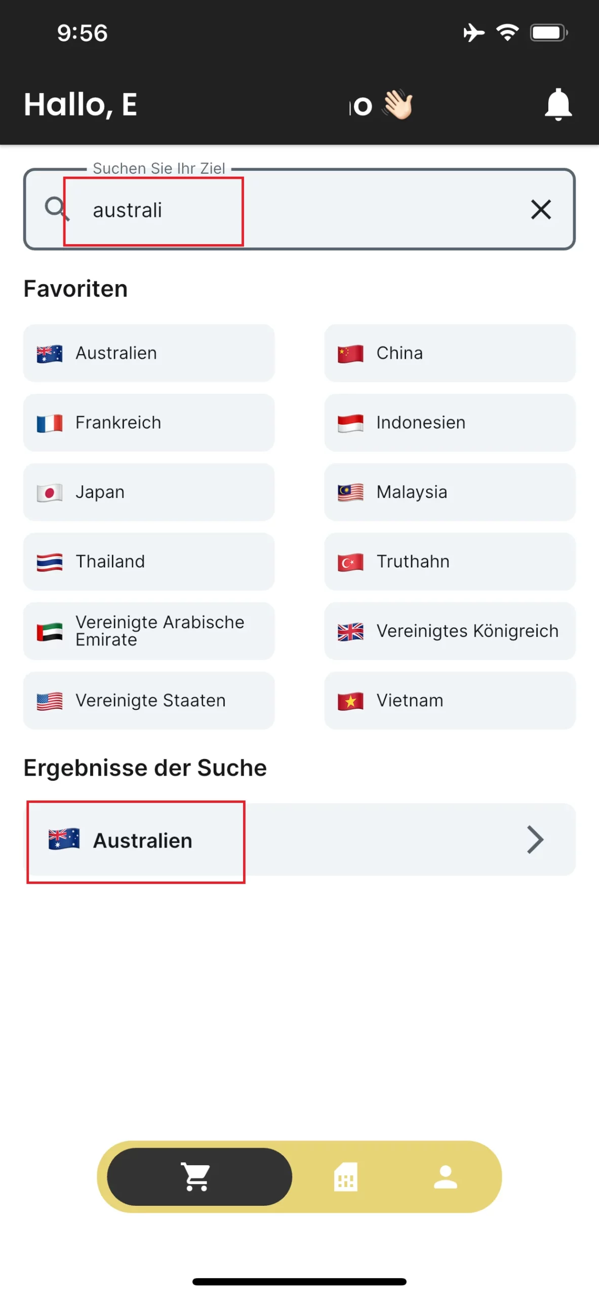 Reiseziel / eSIM-Paket auswählen