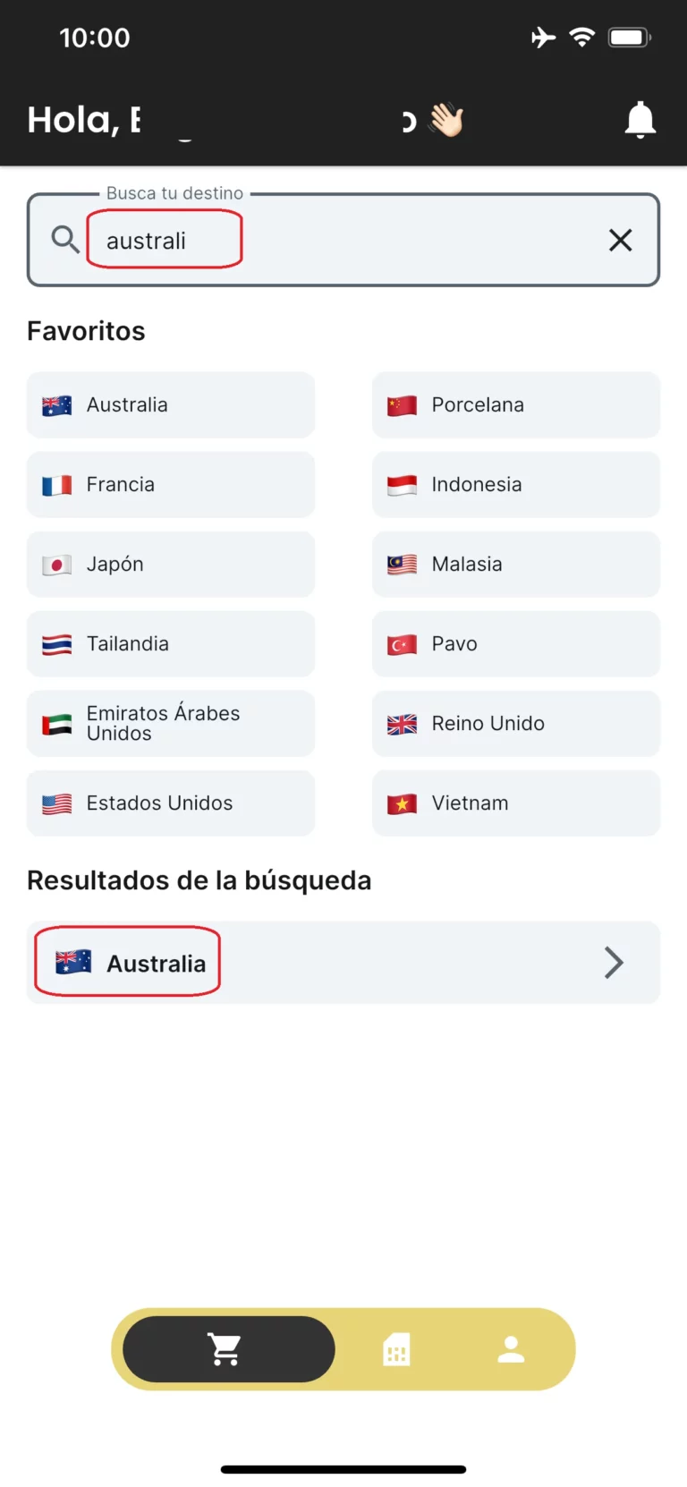Seleccionar destino / paquete eSIM
