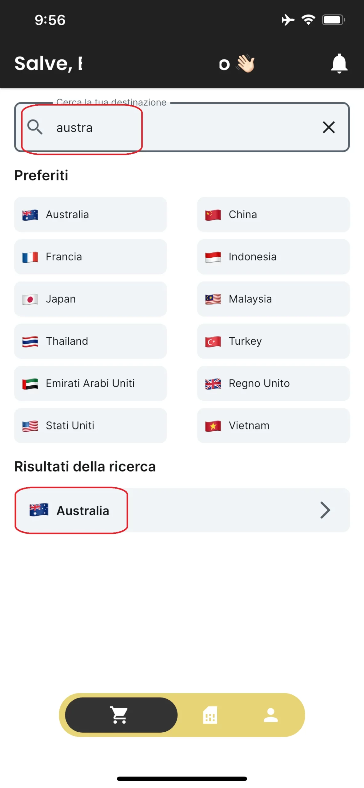 Seleziona destinazione / pacchetto eSIM