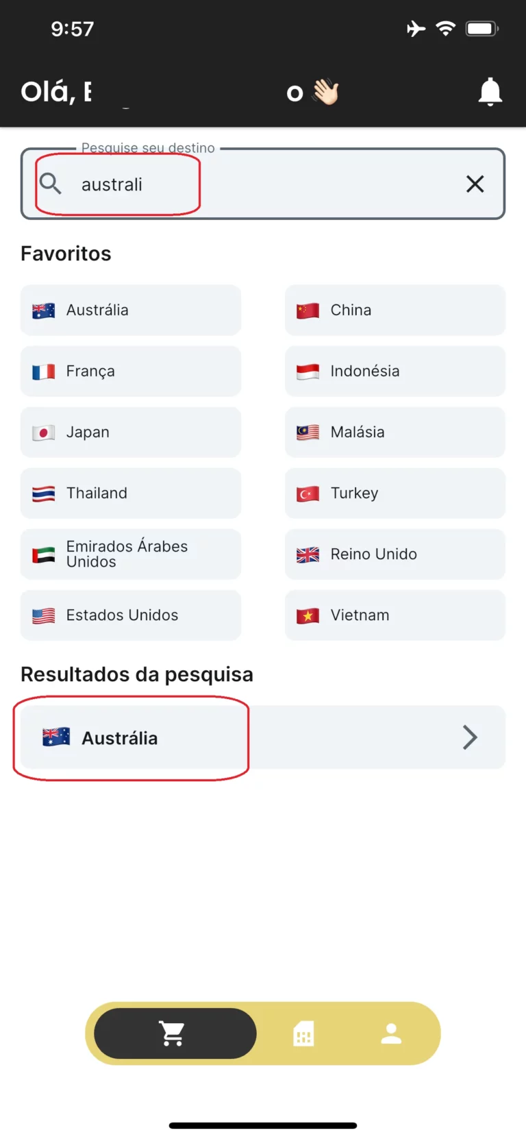 Selecionar destino / pacote eSIM