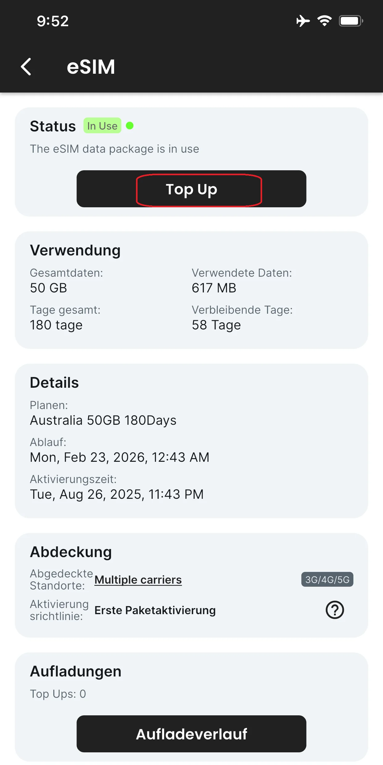 Klicken Sie auf "Top Up"
