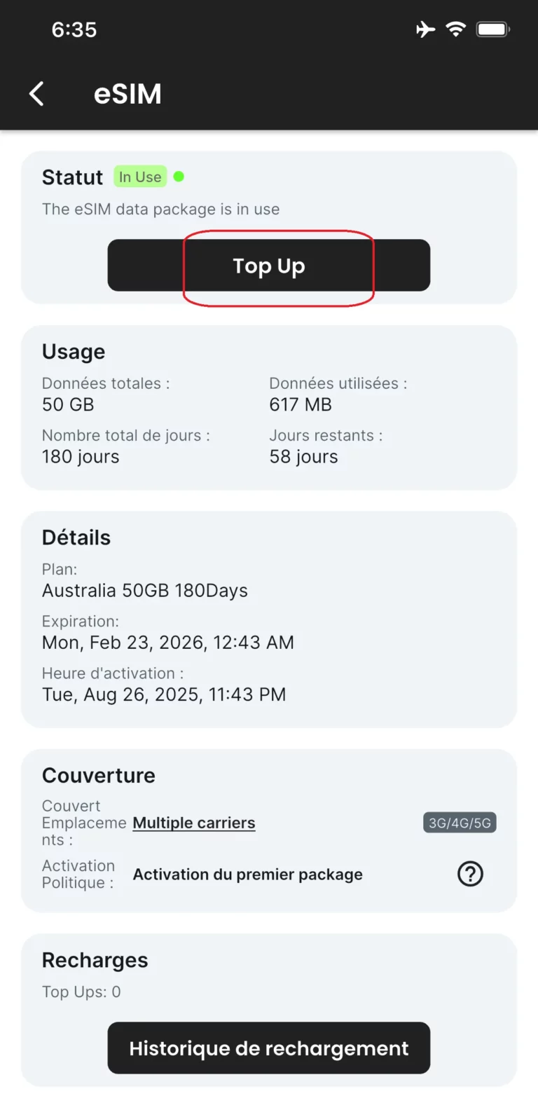 Cliquez sur "Top Up"