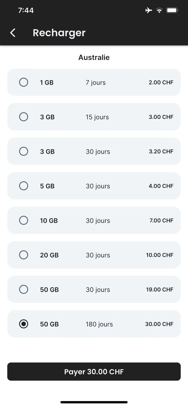 Sélectionnez le montant de recharge