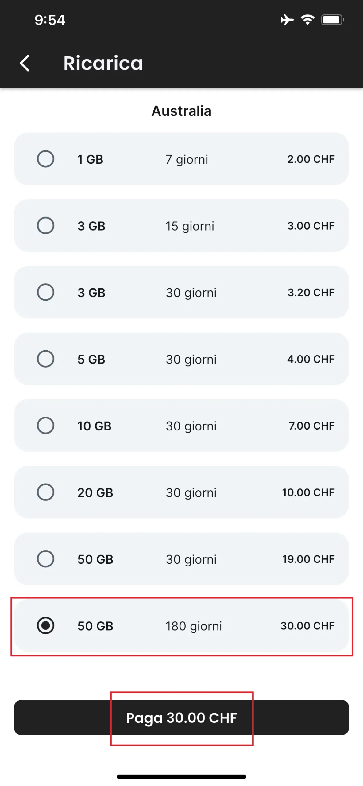 Seleziona l’importo di ricarica